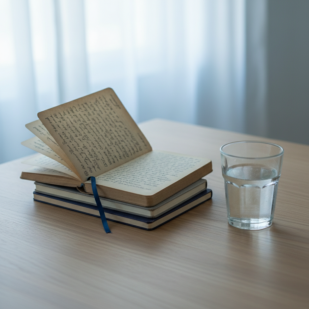 A small stack of well-worn notebooks in muted gray, indigo, and sand tones on a clean oak table, the top one open to ink-filled pages, beside a glass of still water in soft overcast light.