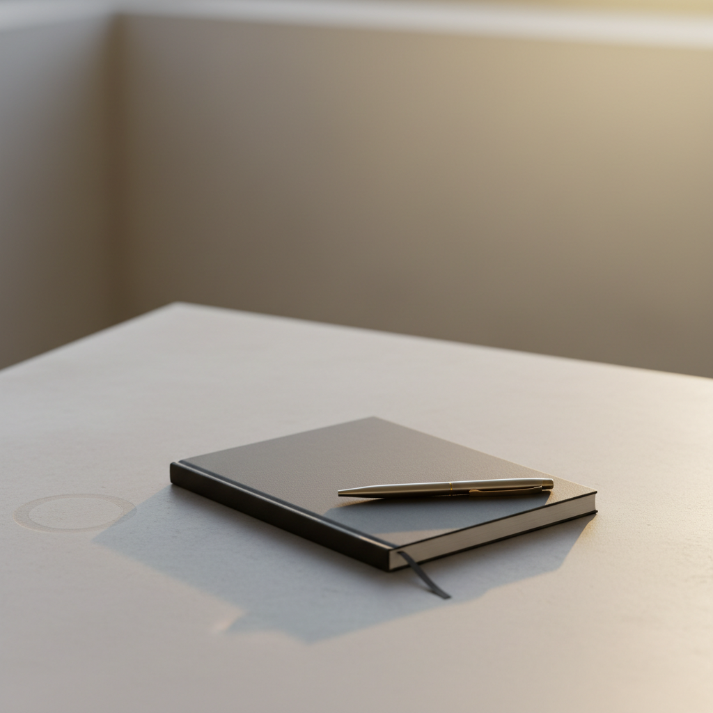 A minimalist writing corner featuring a sleek graphite-colored notebook centered on a pale concrete surface, its first blank page held open by a finely crafted metal pen placed horizontally across the bottom. A subtle ring mark from an old cup is faintly visible on the concrete, hinting at past habits now replaced by the clean emptiness of the page. Golden hour light filters in from the right, creating a warm gradient across the scene and delicate rim lighting along the notebook’s edges. The background softly blurs into abstract neutral tones. Photographic realism, rule-of-thirds composition, calm and understated, evoking the beginning of a new chapter in sobriety through intentional, elegant journaling.